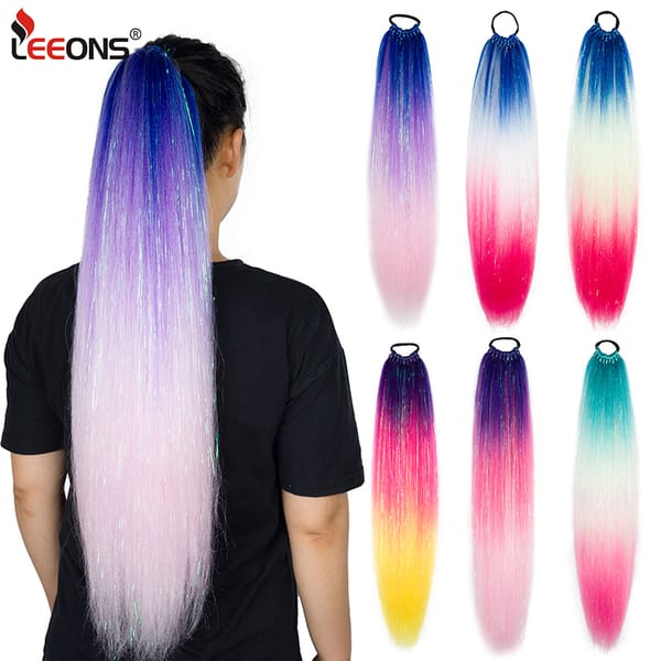 Synthetic Ponytail Hair Piece Mix Tinsel Sparkle Glitter Braiding Hair Extensions 24"Rainbow Color Braids Ponytail With Hair Tie
