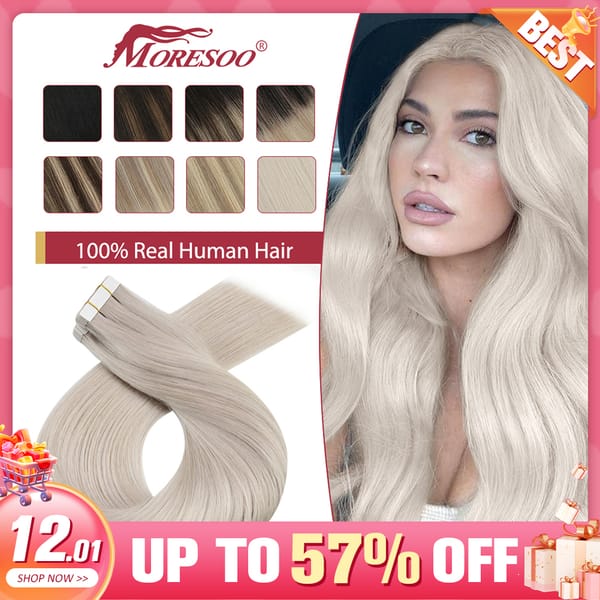 Moresoo Tape in Hair Extensions Balayage Remy Real Human Hair for Women Invisible Seamless PU Skin Weft Straight Hair Tape ins