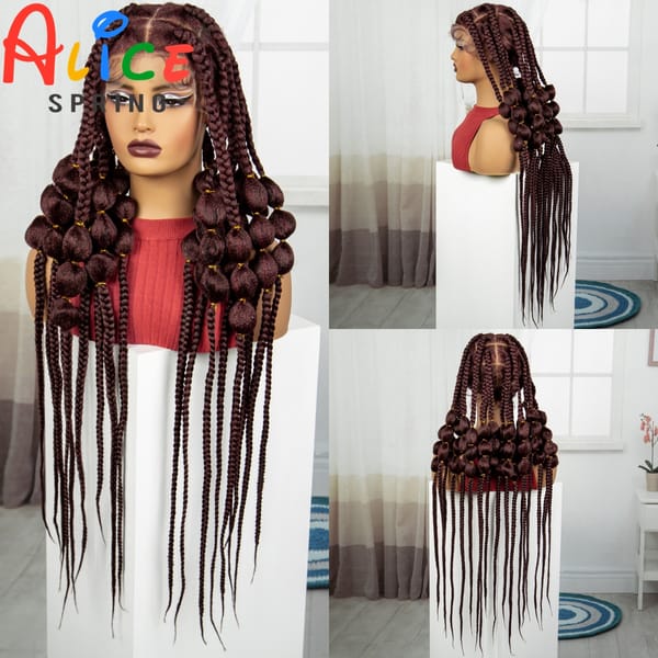40 Inches Burgundy Synthetic Full Lace Braided Wigs Synthetic Knotless Handmade Bantu Braids Lace Wig With Baby Hair For Women