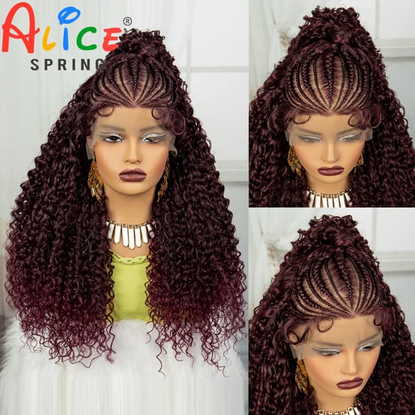 24 Inch Synthetic Hair Wigs Transparent 13x6 Lace Frontal Braided Wig Burgundy Curly Cornrow Braids Wig with Baby Hair for Women