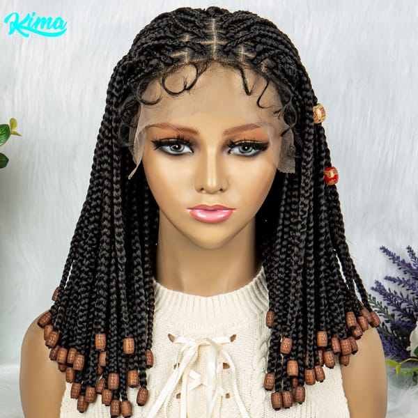 KIMA Lace Front Braided Wigs Synthetic Lace Front Wig Braid African With Baby Hair Braided Lace Front Wigs With Beads 14 inches