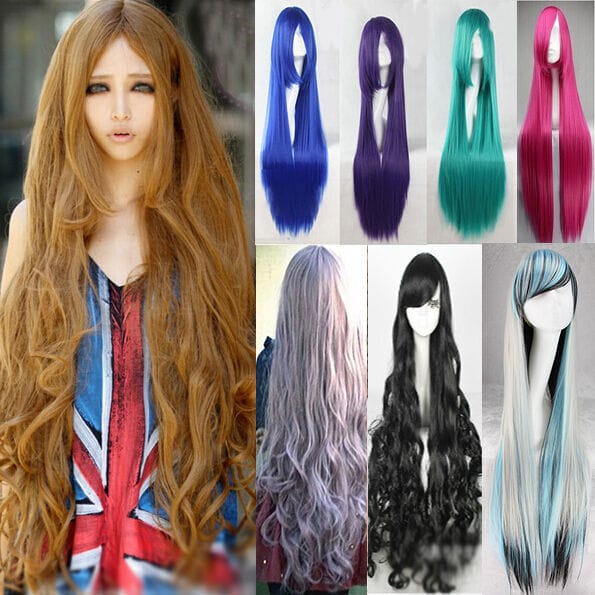Super Long 100CM Full Wigs Fashion Cosplay Costume Hair Anime Wavy Straight Curl