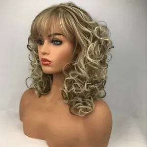 Women's Wig Brown Blonde Mix Medium Curly Ladies Hair Wig Full Wigs+Wig cap