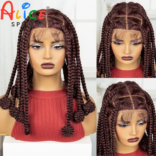 12 Inch Burgundy Synthetic Braided Wigs Transparent Full Lace Hair Wigs Bantu Knotless Box Braids with Baby Hair for Black Women