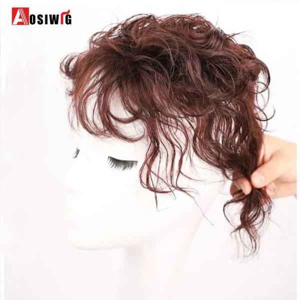 AOSIWIG Synthetic Short Curly Black Brown Wig Top Toupee Clip In Hair Extension Replacement System Closure Hairpiece Bangs Women