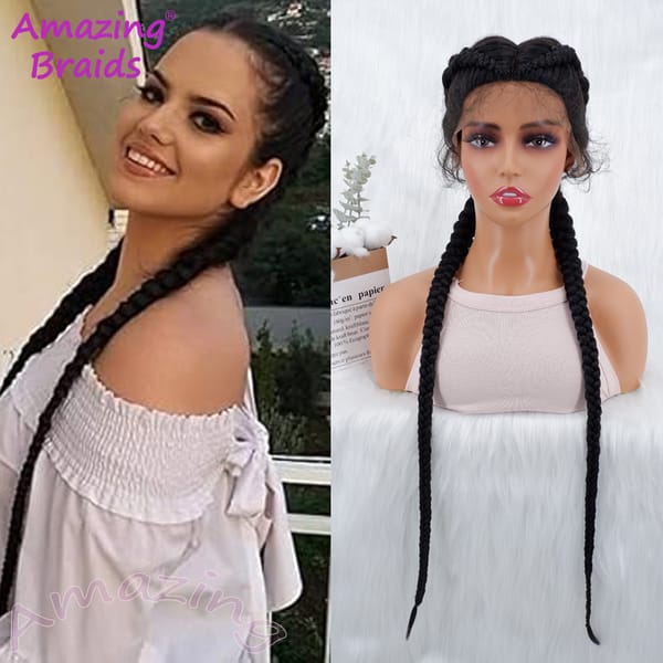 34 Inches Long Lace Front Synthetic Braided Wigs Lace Front Dutch Twins Braids Wig With Baby Hair for Black Women
