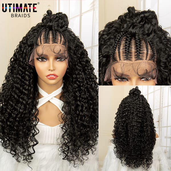 Kinky Curly Braided Wigs Synthetic Lace Front Wig Braided Wigs with Bun for Black Women Wig 24 Inch Hair Wigs Natural Daily Use