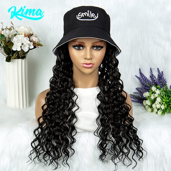 Long Water Wave Wig Hat Synthetic Wavy Hair With Bucket Hat Sun Hat Machine Made Hair Extension Synthetic Wig