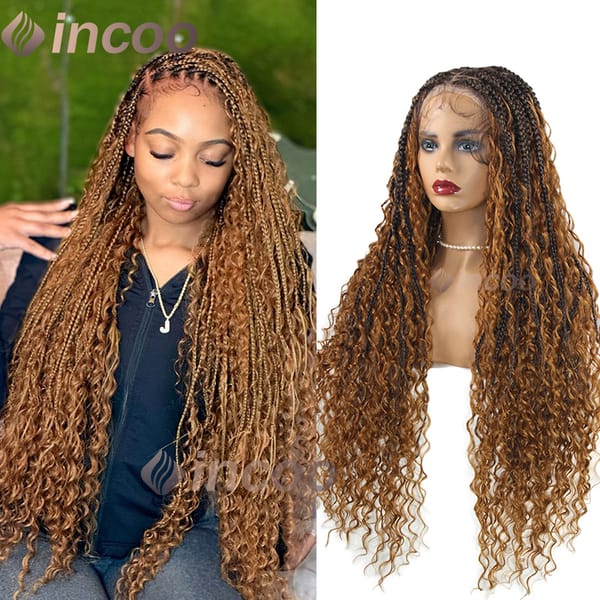 Incoo 32 inch Boho Braided Wigs Synthetic Full Lace Wigs Blonde Curly Goddess Locs Wigs Pre-Plucked Baby Hair Box Braids Wig