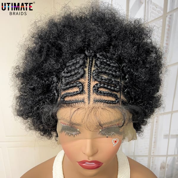 Synthetic Afro Wig Kinky Curly Braided Wigs with Buns 13x6 Lace Frontal Short Braided Wig with Baby Hair for African Women