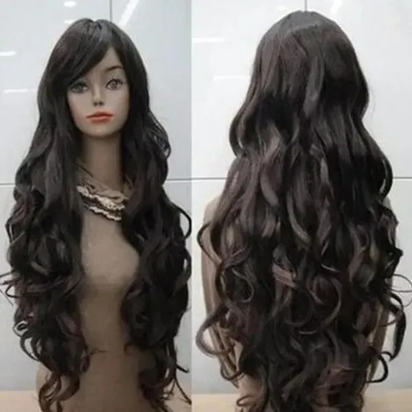 80cm Fashion Women Long Dark Brown Curly Cosplay Costume Hair Wigs Heat Resistant