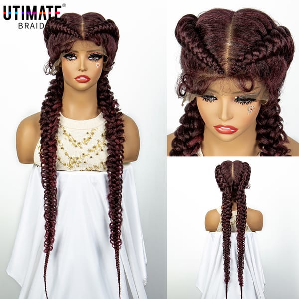 99J Burgundy Synthetic Lace Frontal Dutch Box Braided Wigs for Black Women 36 Inches Fishtail Braids Wigs with Baby Hair