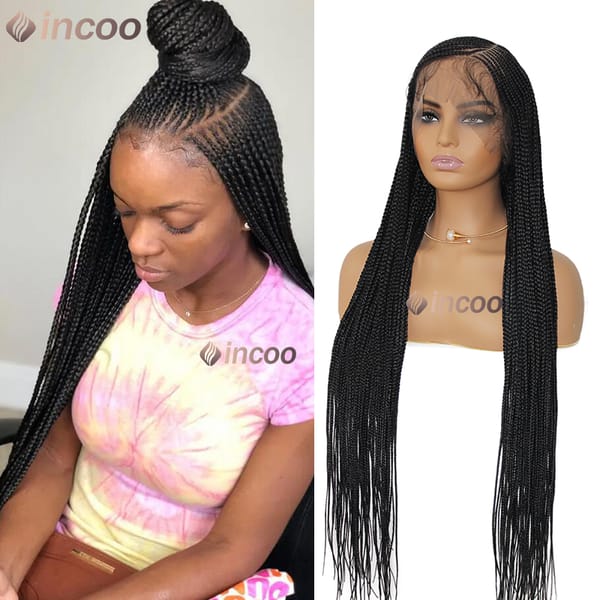 Incoo Full Lace Frontal Synthetic Larger Box Braided Lace Wigs 36 Inch Prepluck Baby Hair New Arrival Afro Knotless Braid Wigs