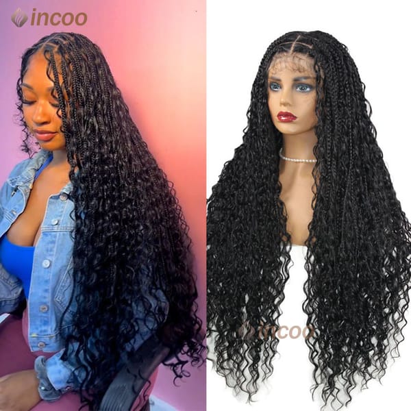 Incoo 36" Synthetic Braid Lace Frontal Wig Faux Goddess Locs Braided Wigs With Baby Hair Black Twist Wigs Full Lace Braided Wigs
