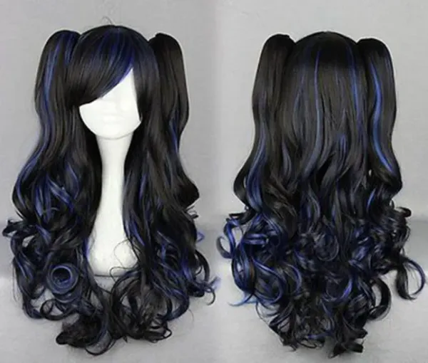 Harajuku Anime Long Black Mixed Blue Curly Wavy Lolita Cosplay Hair Wigs+2 Ponytail