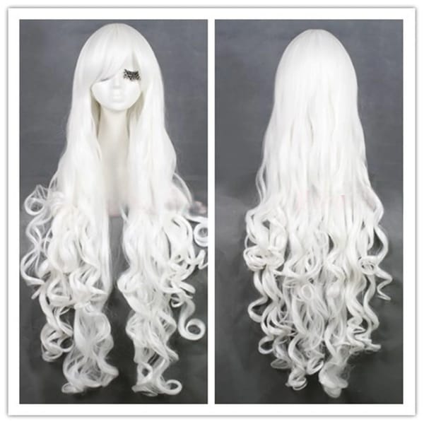 80cm Long White Curly Wave Women's Obique Bangs Hair Cosplay Party Wigs