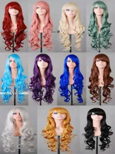 80CM 25 Colors Womens Long Curly Hair Wigs Bangs Party Cosplay Fashion Full Wig