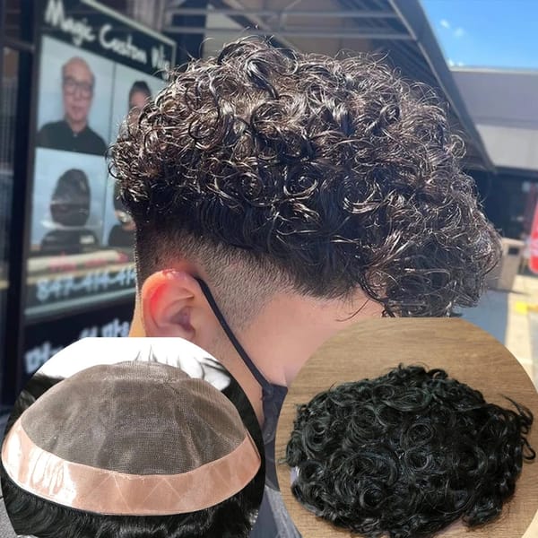 Men's Wigs Human Hair Super Durable Mono 20MM Curly Toupee Men Capillary Prosthesis Hair Unit Replacement System Pieces For Male