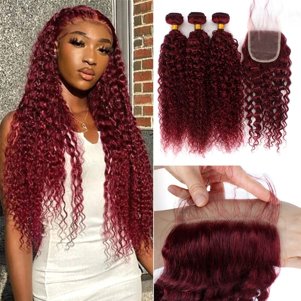 Curly Human Hair Weave Bundles With Closure 99j Red Hair Extensions For Women Girls Brazilian Burgundy 3/4 Bundles With Closure