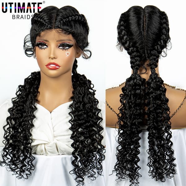 Braided Wigs Synthetic Lace Front Hair Wig Curly Water Wave Wig Afro Frontal Cornrow Twist Boxing Braided Wigs for African Woman