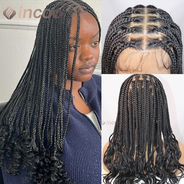Synthetic Lace Front Wigs French Curly Braids Wig Short 18 Inch Full Lace Wig Goddess knotless Box Braiding Hair Wig Black Women