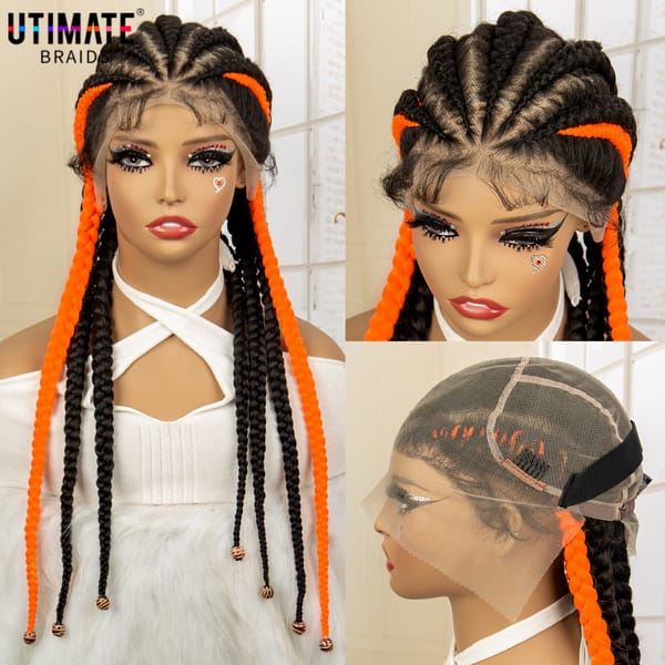 24 Inches Synthetic Full Handmade Lace Cornrow Braiding Wigs with Baby Hair for African Women 1B/Orange Colorful Braided Wig