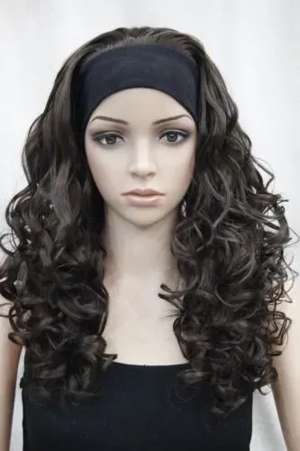 New 3/4 wig with headband Long dark brown curly/wavy women's half hair wig
