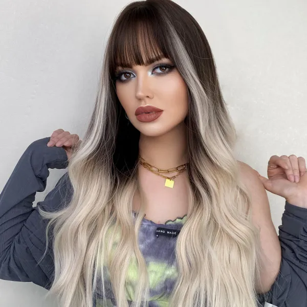 28" 2Color Long Ombre mix Blonde Brown Body Wavy Part Hair Wigs