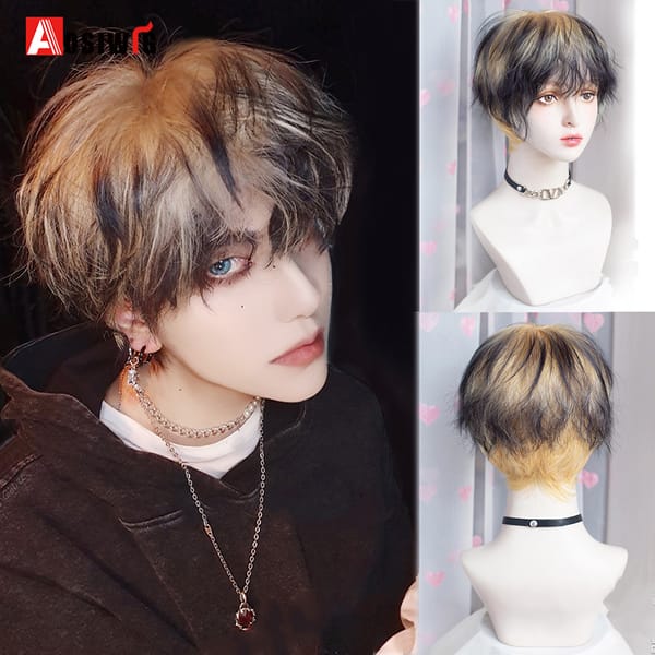 AOSIWIG  Short Curly Cosplay Men Boy Party Light Yellow Synthetic Heat Resistant Hair Wigs Men's Breathable Wig