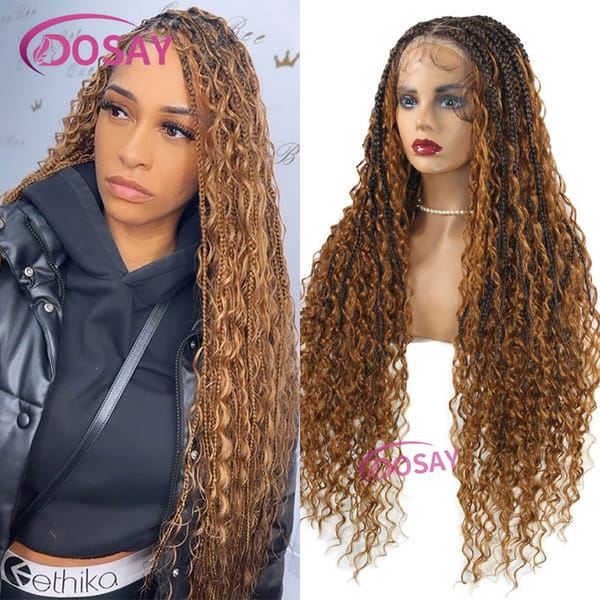 Synthetic 360 Full Lace Front Bohemian Goddess Locs Box Braided Wig With Baby Hair Boho Braided Lace Wigs For Women Ombre Wig