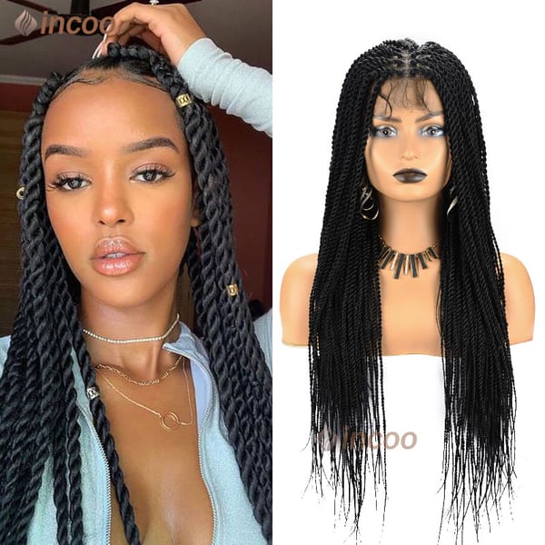 Synthetic Braid Lace Frontal Wigs Jumbo Knotless 360 Lace Front Box Braids Wig With Baby Hair Black Twist Wig Black Mix Burgundy