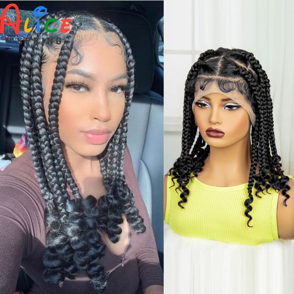 Knotless Box Braided Wigs with Curly Ends Natural Synthetic Transparent Full Lace Braiding Hair Wig with Baby Hair for Women