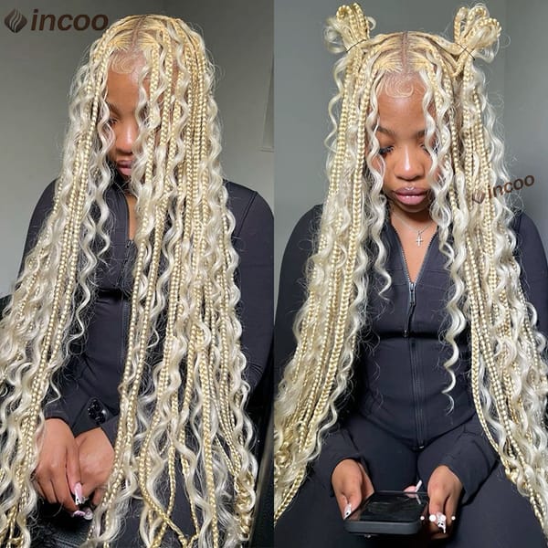 613 Braided Wigs Synthetic Knotless Full Lace Wigs Pre Plucked Baby Hair Blonde Boho Cornrows Box Braid Wigs Curly End For Women