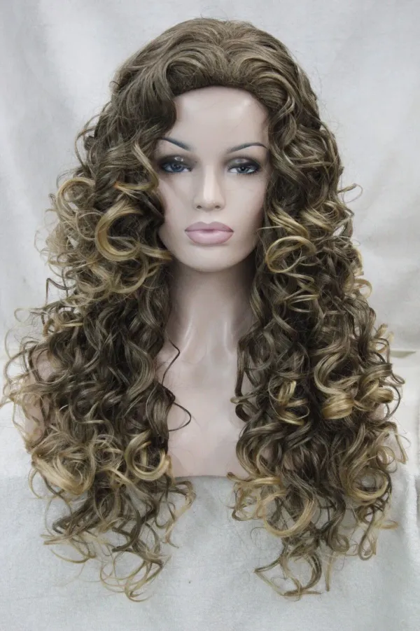 New Sexy brown mix golden blonde tip long curly women' daily synthetic hair wig
