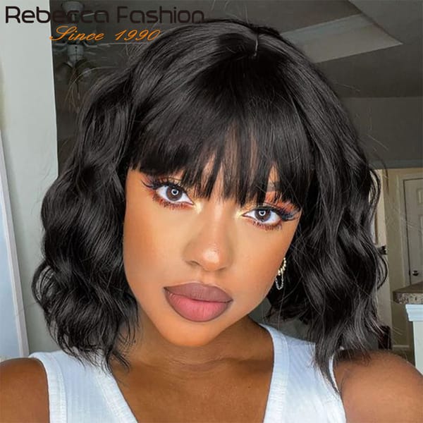 Rebecca Short Wavy & Curly Natural Wave Bob Wigs Human Hair Wigs With Bangs For Women Brazilian Water Wave Wig Full Machine Made