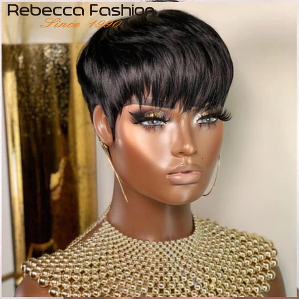 Pixie Short Cut Colored Straight Human Hair Bob Wigs With Bangs For Women Brazilian Remy Hair Burgundy Red Brown Machine Made