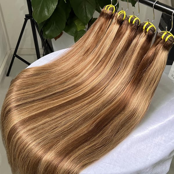 Yiwigs 10A Grade #4/27 Highlight Ombred Colored Straight 100% Raw Human Hair Bundles 10-24 inches Brown Hair Weave Extensions