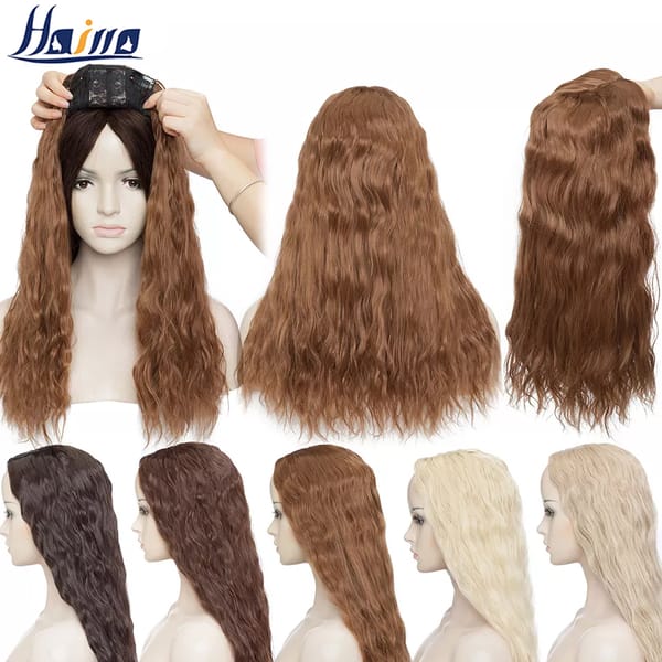 HAIRRO 20'' Water Wave Clip In Hair Pieces Black Brown Long Corn Wave Synthetic Hair Pieces For Women