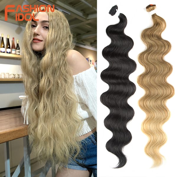 FASHION IDOL 26 Inch Body Wave Ponytail Hair Bundles Synthetic Hair Weave Ombre Brown 100g High Temperature Fiber Hair Extension