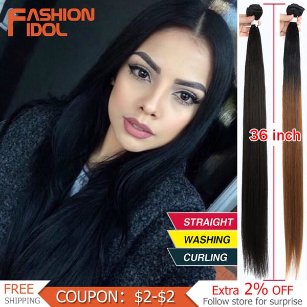 FASHION IDOL 36 inch Yaki Straight Hair Bundles 120G Ombre 613 Brown Synthetic Hair Weave Ponytail Hair Extensions