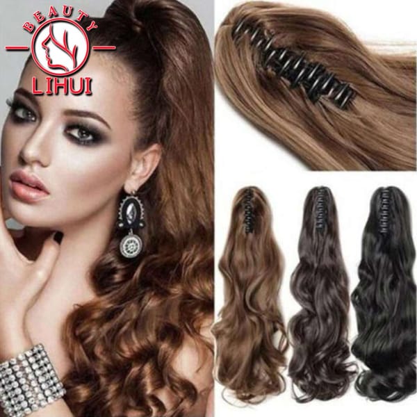 22" Synthetic Long Curly Claw Clip On Ponytail Hair Extensions Heat Resistant Jaw Clip Pony Tail Hairpiece For Women