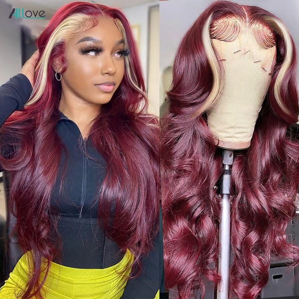 Allove 99J Burgundy Colored Human Hair Wigs 13x4  Lace Frontal Wig Highlight 613 Blonde Body Wave Lace Front Wigs