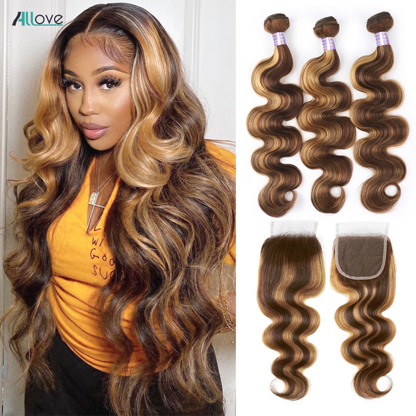 Allove Highlight Bundles With Closure Brazilian Ombre Body Wave Bundles With Closure P4/27 Brown Color Remy Hair Weave Bundles