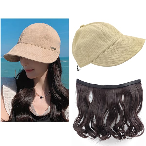 Cap with Hair Attached for Women,Large Brim Sun Hat with Hair,Detachable Long Wavy Baseball Cap Wigs for Spring and Summer