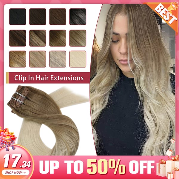 Moresoo Clip in Hair Extensions 100% Real Remy Human Hair Brazilian Silky Straight Hair Extension Balayage Blonde Hair Extension