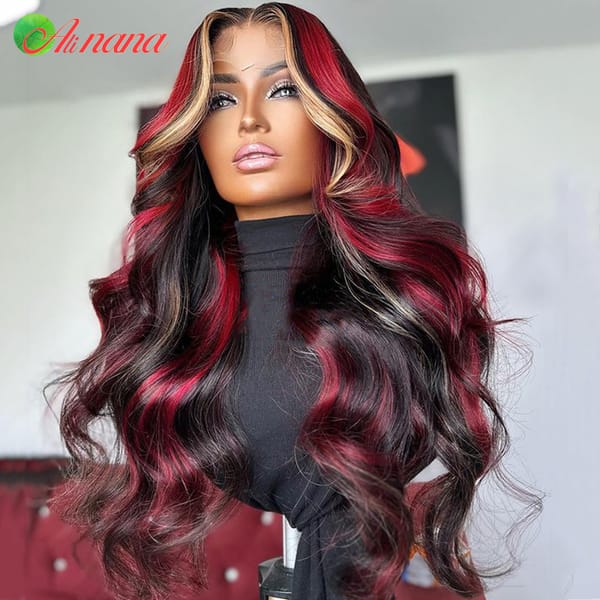 Highlights Red Blonde Colored Body Wave 180% Density Pre-Plucked 13x4 Lace Frontal Wig Remy Human Hair Wig For Black Women