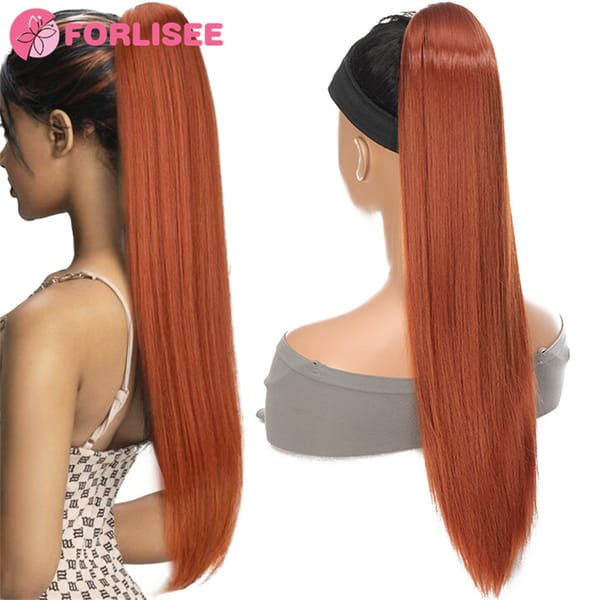 FORLISEE 19.5 Inch Orange Long Straight Hair With Drawstring Ponytail Synthetic Drawstring Straight Ponytail Wig