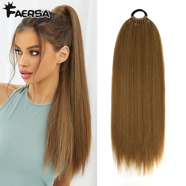 24Inch Ponytail Hair Extensions Long Straight Ponytail Extension Synthetic Hair On Elastic Band Natural Hairpiece Heat Resistant