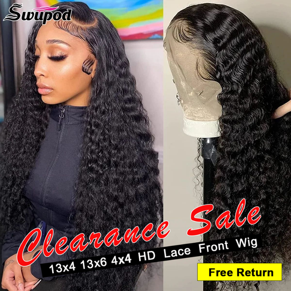 Swupod 200 Density 13x4 13x6 HD Transparent Swiss Deep Wave Lace Frontal Front Wig for Women Remy Human Hair Natural Black
