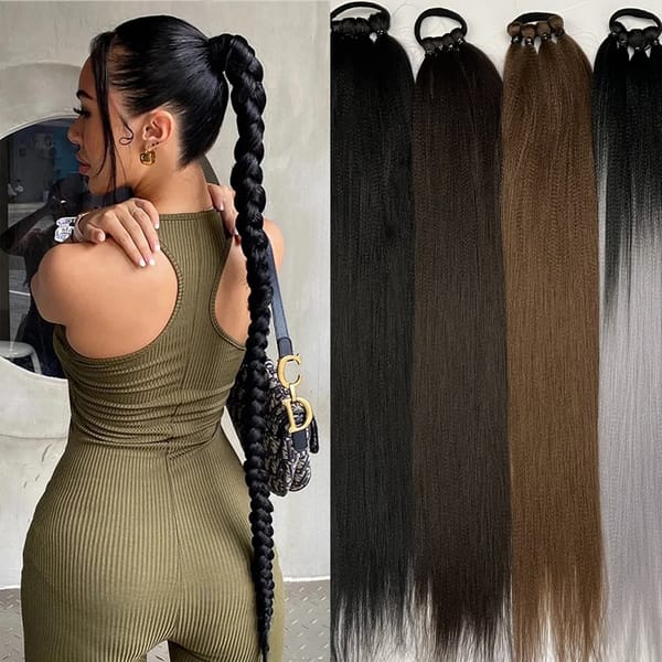 Synthetic Ponytail Extensions Boxing Braids HairPieces Wrap Around Chignon Rubber Band Hair Ring Black 26 Inch Ombre Braid DIY